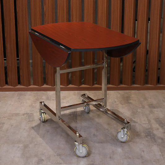 VM BI-Fold Round Room Service Trolley Without Hotbox L91 x W78 x H75 cm, Top And Double Drop Leafs, 4 Swivel Non Scratching Silent Wheel, Brown