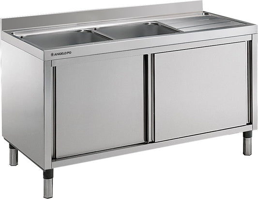 Arex CLA2VGD147 Stainless Steel 2 Bowl Drain Sink Unit with Doors, 140x70x85 cm