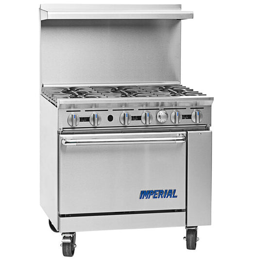 Imperial IR-6 Gas Range 6 Burner with Standard Oven with Splashback and Shelf, 227,000 BTU