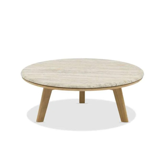 Lotus ITM02681 Teak Wood & Travertine Coffee Table Mocha D80cm, 80 x 80 x 30