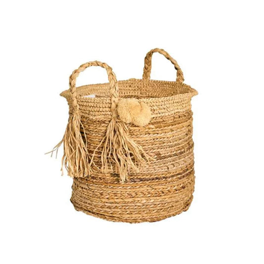 Naturalan ITM03310 Sisal Banana Leaf Natural Basket with Pom Pom 35 cm, 35 x 35 x 35