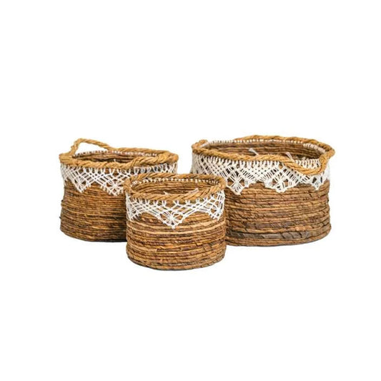 Naturalan ITM03311 Banana Leaf Basket Planter with Macrame & Handle Set of 3 Brown,  25x25x20
 35x35x24
 40x40x25