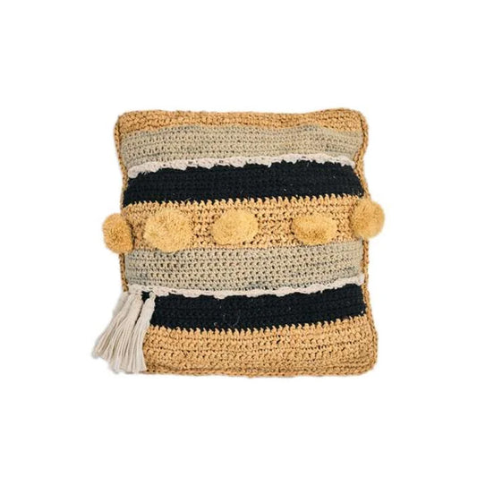 Naturalan ITM03314 Sisal Knit Cushion with Macrame & Pom Pom 40x40 cm, 40 x 40 x 10