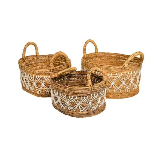 Naturalan ITM03331 Banana Leaf Oval Basket Set of 3 with Macrame Brown,  36x26x18
 40x30x22
 50x40x22