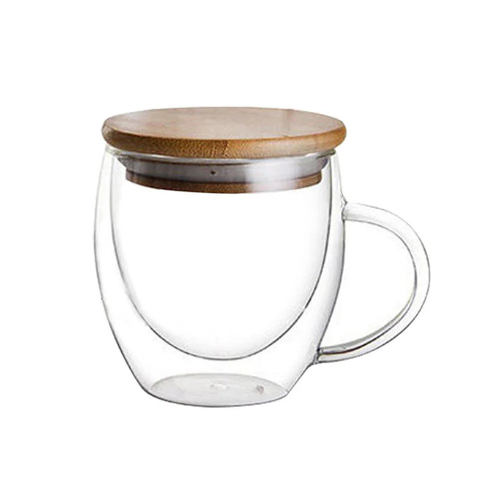 Borosilicate LH-136 Double Wall Glass with Handle and Wooden Lid 250 ml, Pack of 4 pcs