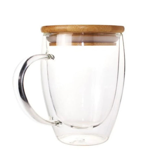 Borosilicate LH-137 Double Wall Glass with Handle and Wooden Lid 350 ml, Pack of 4 pcs