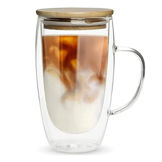 Borosilicate LH-138 Double Wall Glass with Handle and Wooden Lid 450 ml, Pack of 4 pcs