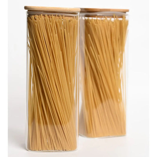 Borosilicate LH-154 Square Glass Storage Jar with Air tight Bamboo Lid 1800 ml, Pack of 4 pcs