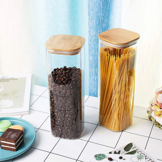 Borosilicate LH-155-N Square Glass Storage Jar with Air tight Bamboo Lid 1500 ml, Pack of 4 pcs