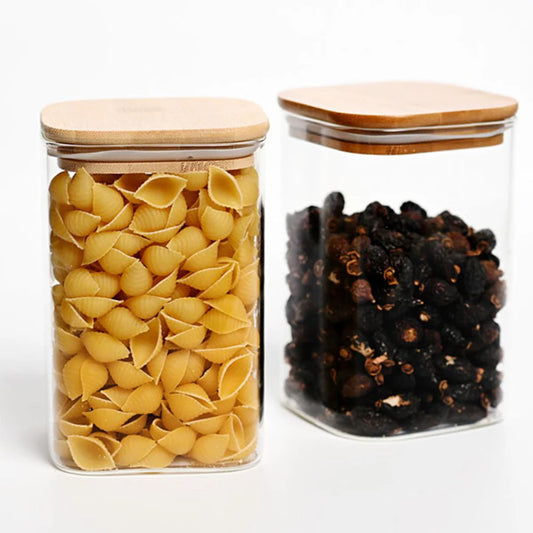 Borosilicate LH-155 Square Glass Storage Jar with Air tight Bamboo Lid 1100 ml, Pack of 6 pcs