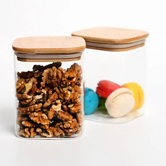 Borosilicate LH-156 Square Glass Storage Jar with Air tight Bamboo Lid 900 ml, Pack of 6 pcs