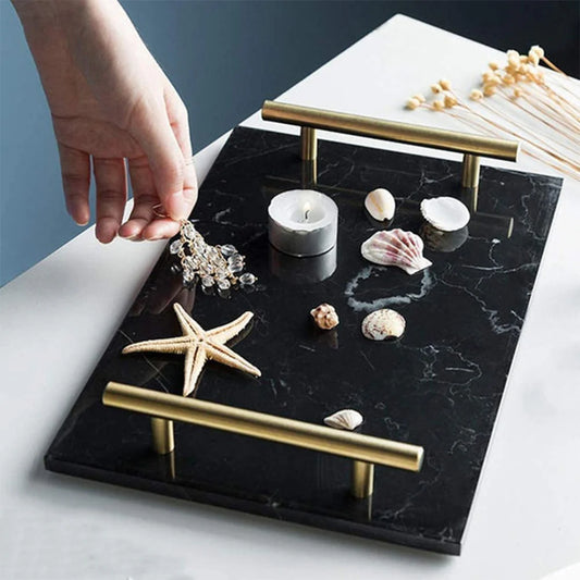 Natural Marble LH-167 Tray with Golden Handles, Black 30x20 CM