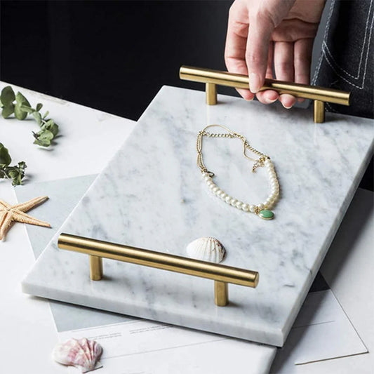 Natural Marble LH-168 Tray with Golden Handles, White 30x20 CM