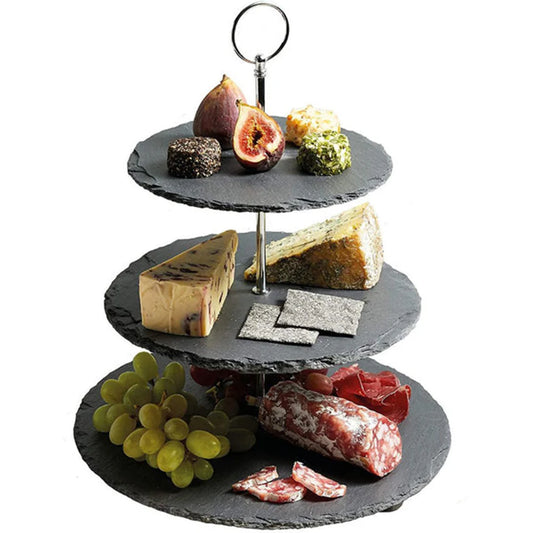 Natural Black Stone LH-183 3 Tier Round Slate Cake Stand with Chrome Carry Loop 25cm