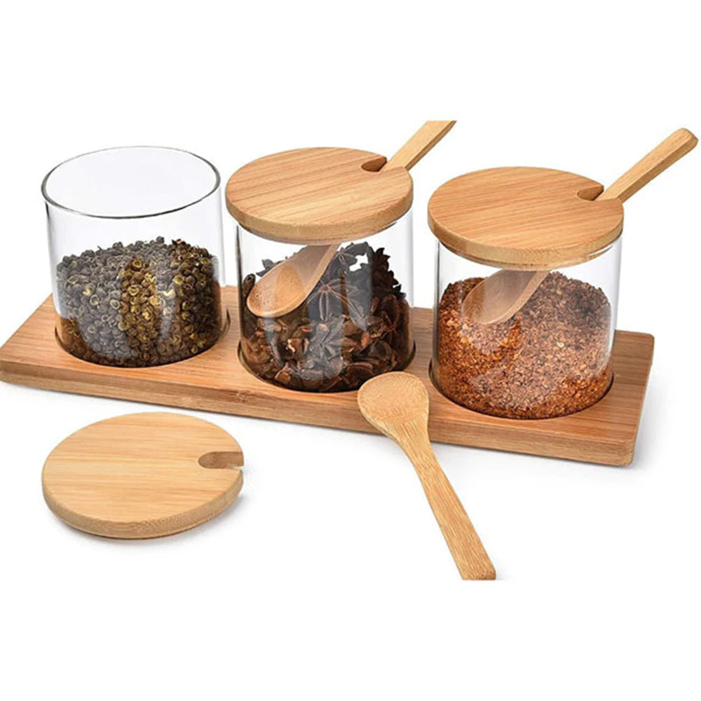Borosilicate LH-221 3Pcs Spice Condiment Container Canister Pots with Wooden Base, Spoon and Lid