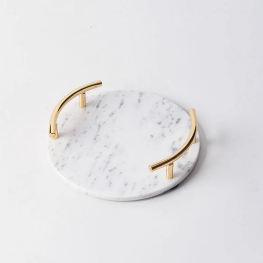 Natural Marble LH-227 Round White Tray With Gold Handle 25 CM