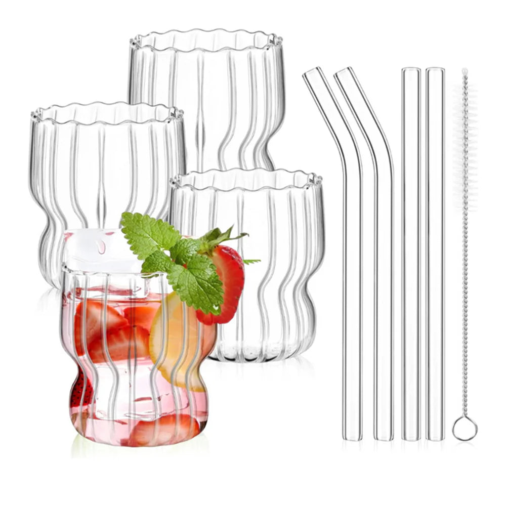 Borosilicate LH-300 Ripple Drinking Glasses with Glass Straws, Cleaning Brush, 320 ml, Pack of 4 pcs