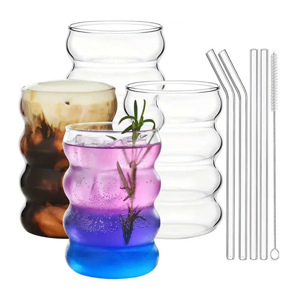 Borosilicate LH-301 Vintage Drinking Glasses with Glass Straws, Cleaning Brush, 330 ml, Pack of 4 pcs