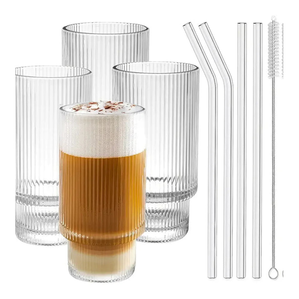 Borosilicate LH-302 Ribbed Drinking Glasses with Glass Straws, Cleaning Brush, 330 ml, Pack of 4 pcs
