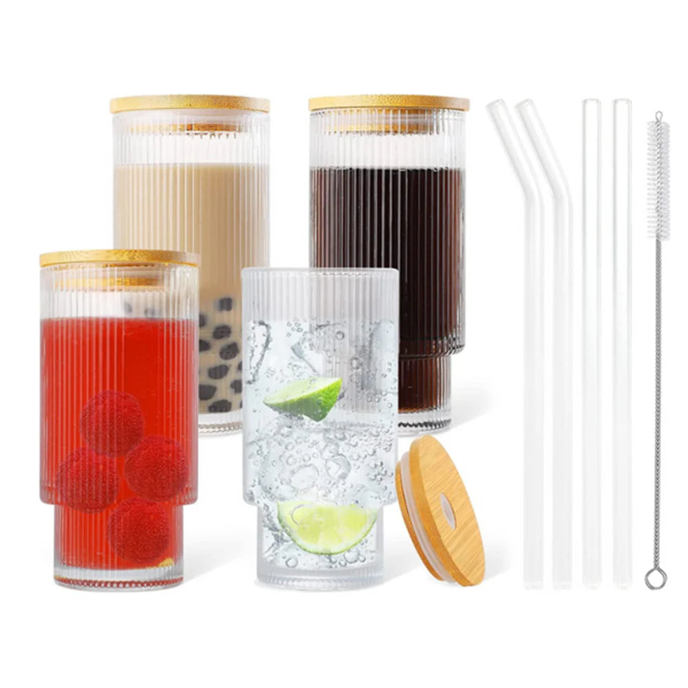 Borosilicate LH-304 Ribbed Drinking Glasses with Glass Straws, Cleaning Brush & Lid 450 ml, Pack of 4 pcs