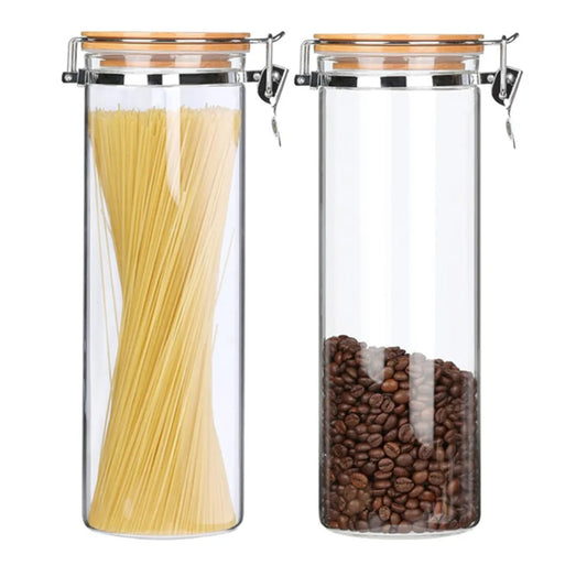 Borosilicate LH-320 Glass Storage Jar With Clip and Airtight Bamboo Lid 1400 ml, Pack of 4 pcs