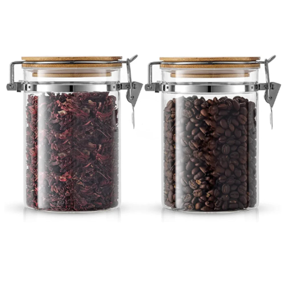 Borosilicate LH-322 Glass Storage Jar With Clip and Airtight Bamboo Lid 750 ml, Pack of 6 pcs