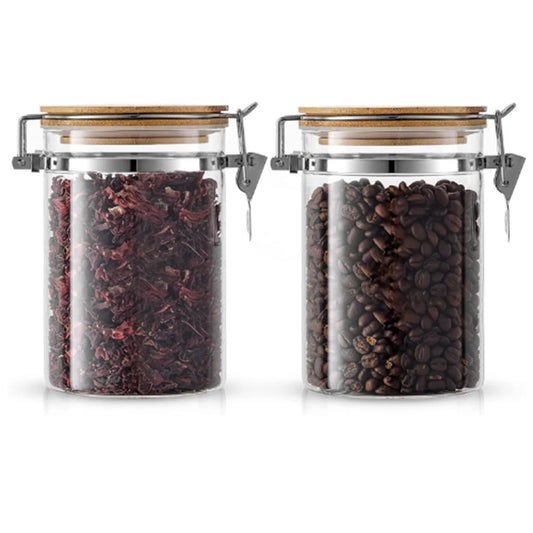 Borosilicate LH-322 Glass Storage Jar With Clip and Airtight Bamboo Lid 750 ml, Pack of 6 pcs