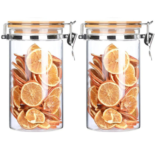 Borosilicate LJ-321 Glass Storage Jar With Clip and Airtight Bamboo Lid 1000 ml, Pack of 4 pcs
