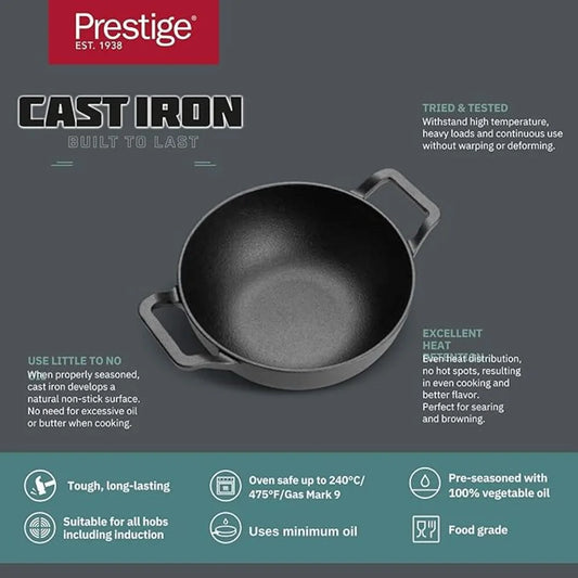 PRESTIGE PR48895 CAST IRON DEEP KADAI WITH GLASS LID, 24 cm DIAMETER