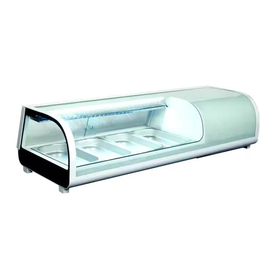 PRIMO RTS-132L Sushi Showcase with LED Lighting Sliding Doors & Curved Glass 5x1/2 GN Pans