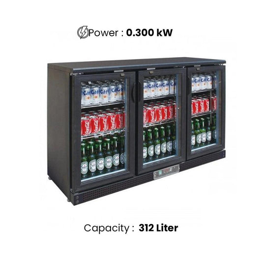 THS BC03PP Aluminium Body Bar Cooler Black With Three Hinged Doors, Capacity 312 L 300 W, 133.5 x 51 x 89.5 cm - HorecaStore