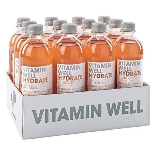 Vitamin Well Hydrate Rhubarb/Strawberry Vitamin C + D Zinc + Biotin, 500ML, Pack of 12pcs