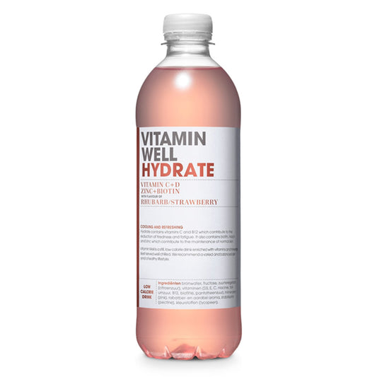 Vitamin Well Hydrate Rhubarb/Strawberry Vitamin C + D Zinc + Biotin, 500ML, Pack of 12pcs