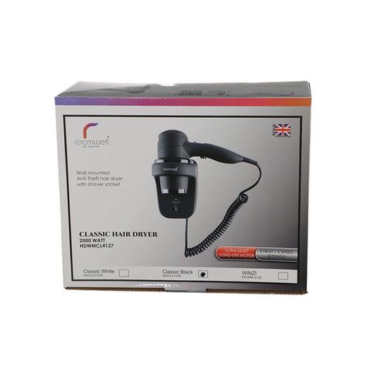 Roomwell Classic 2000W Wall Mounted Hair Dryer with Shaver Socket, Long Life Motor, Anti-Theft, High Power, 3 Heat/2 Speed, Cold Shot, Color Black