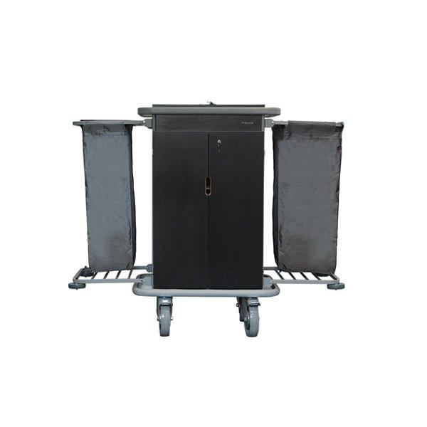 VM Signature 700 Hotel Housekeeping Trolley Small L 70 x W 50 x H 130 cm, Fire Proof Panel, 2 Adjustable Shelves, 3 Compartments,, All Round Bumper, 4 Swivel Non-Marking Wheels, Foldable Bag Holder, Color Beechwood