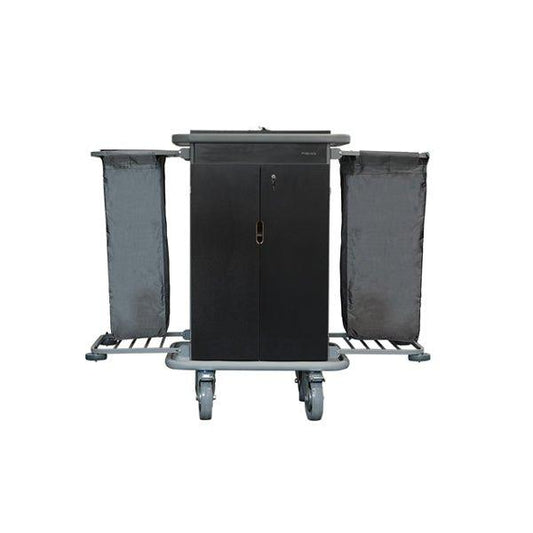 VM Signature 700 Hotel Housekeeping Trolley Small L 70 x W 50 x H 130 cm, Fire Proof Panel, 2 Adjustable Shelves, 3 Compartments,, All Round Bumper, 4 Swivel Non-Marking Wheels, Foldable Bag Holder, Color Beechwood