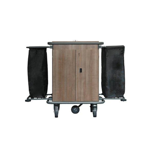 VM Signature 900 Hotel Housekeeping Trolley Medium L 90 x W 50 x H 130 cm, Fire Proof Panel, 2 Adjustable Shelves, 3 Compartments, , All Round Bumper, 4 Swivel Non-Marking Wheels, 5th Middle Castor, Foldable Bag Holder, Color Beechwood